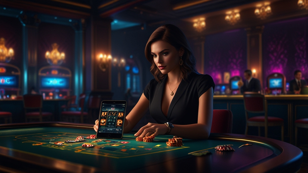 iPhone and iPad displaying a mobile casino app in a dark elegant setting