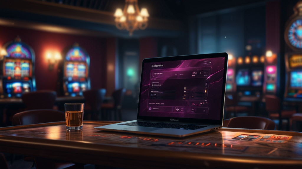 A player entering account details on a laptop in a dark casino setting.