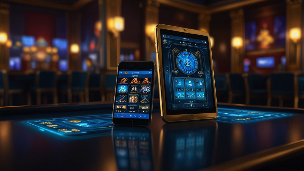 Smartphone and tablet comparing the same mobile app layout in a casino-style setting