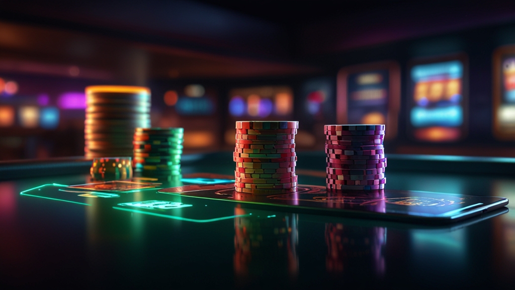Smartphone and tablet showing a sleek mobile casino app in a dark neon setting