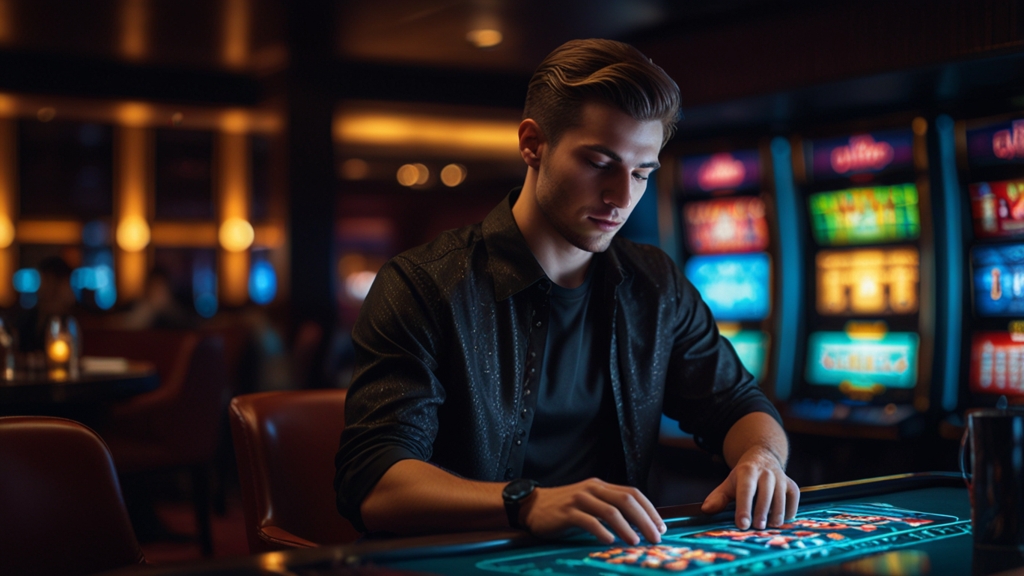 A player filling in a new account registration form in a casino-themed setting.